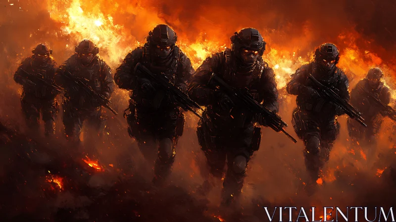 Flame-lit soldiers stride forward through a storm of embers