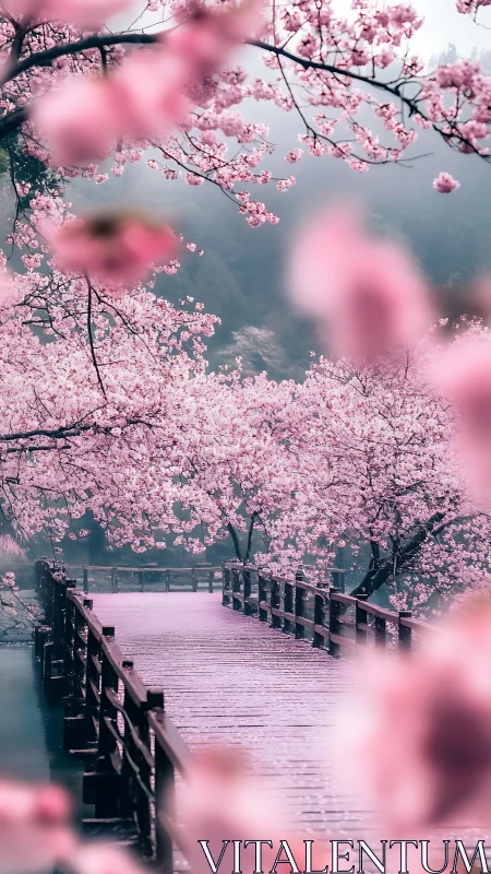 Misty wooden bridge under blooming cherry blossoms at dawn.
