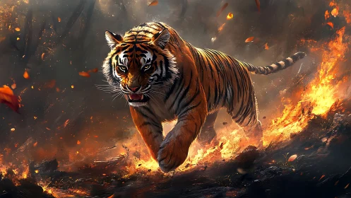Tiger charges through blazing forest in dramatic firestorm.