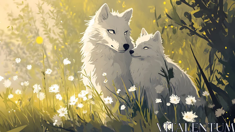 Two white wolves stand in sunlit meadow filled with flowers