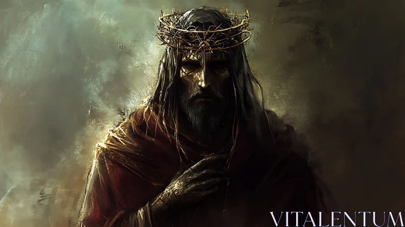 Crowned, shadowed monarch rendered in chiaroscuro digital pigment.