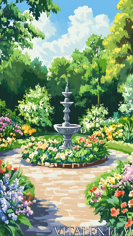Sunlit circular garden with central tiered fountain and dense flora