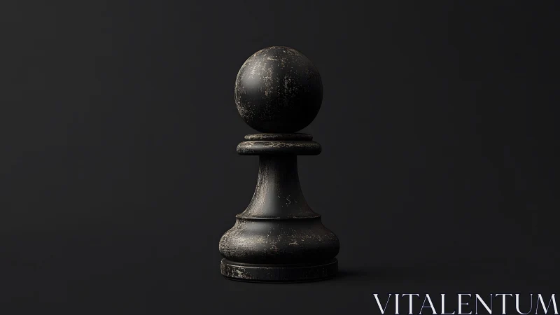 Weathered black chess pawn on dark minimalist background.