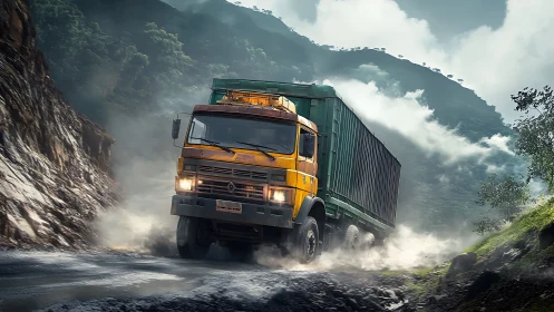 Mountain freight hero barrels through mist and broken road