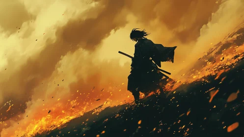 Lone samurai silhouette walks through burning battlefield