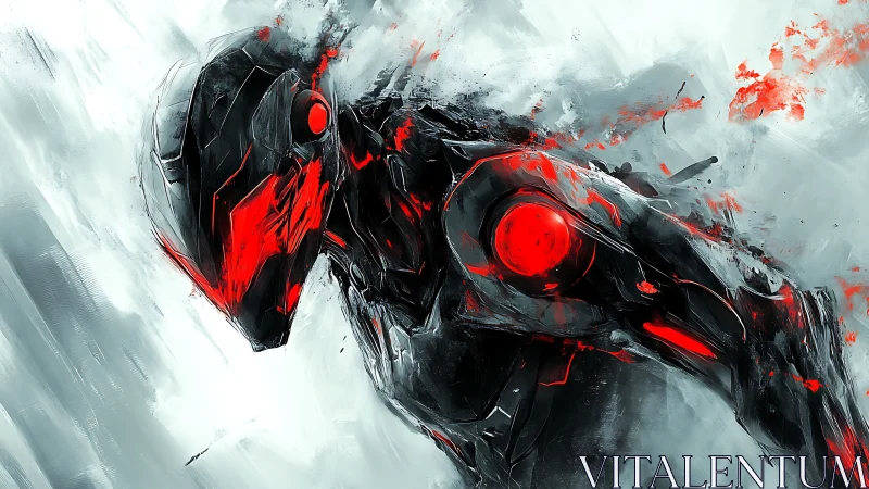 Cybernetic combat exosuit in dynamic red-black abstraction.