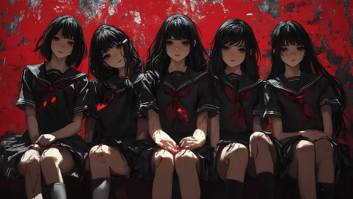 Dark schoolgirls on bloodred backdrop in anime horror.