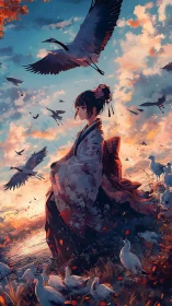 Kimono-clad dreamer among cranes at ember-tinted sunset.