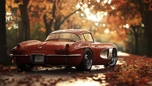 Photorealistic classic Corvette in atmospheric autumn roadway scene.