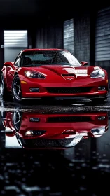 Wet-surface reflective study of red performance coupe geometry.