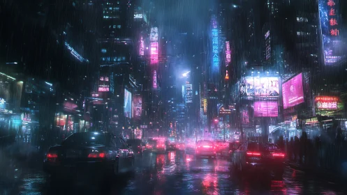 Neon rainstorm over midnight traffic in electric alleyways.