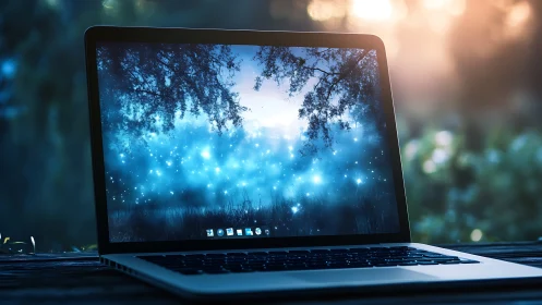 Dreamlit laptop portal opens onto a glowing forest night.