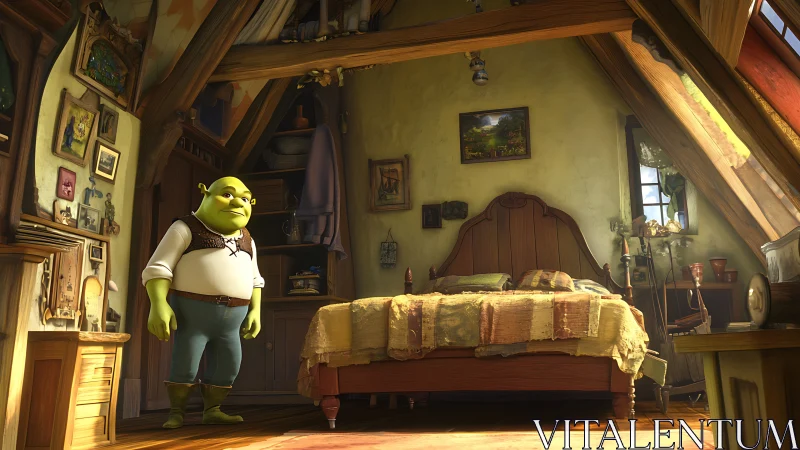 Ogre character in rustic attic bedroom with warm lighting.