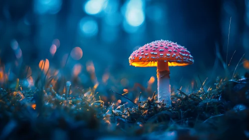 Glowing red forest mushroom under dreamy blue twilight.
