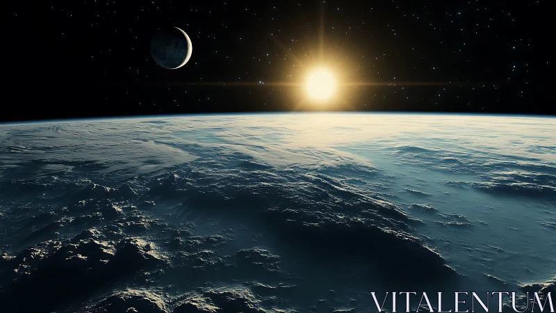 Terminator-lit planetary horizon with sun and distant moon alignment