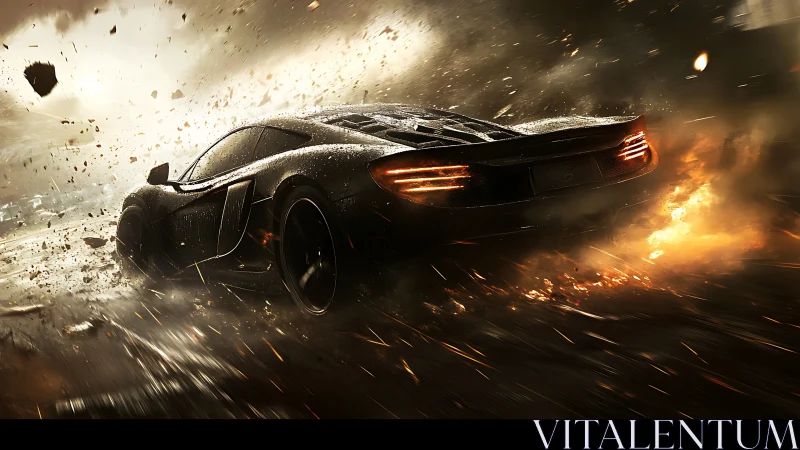 Supercar drifts through fire and debris in cinematic night storm