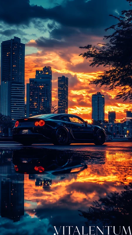 Midnight supercar lingers beneath a burning city sky