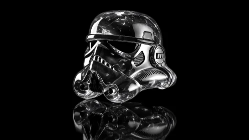 Chrome sci-fi helmet sculpture reflects stark black void.