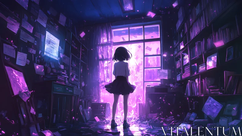 Luminous portal opening in a cluttered neon lit library room.