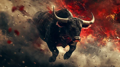 Powerful charging bull racing through swirling fire and dust.