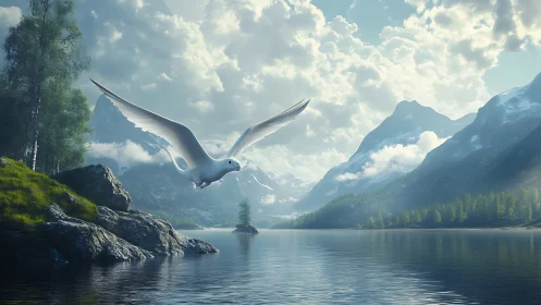 Digital seabird crosses alpine lake beneath layered clouds