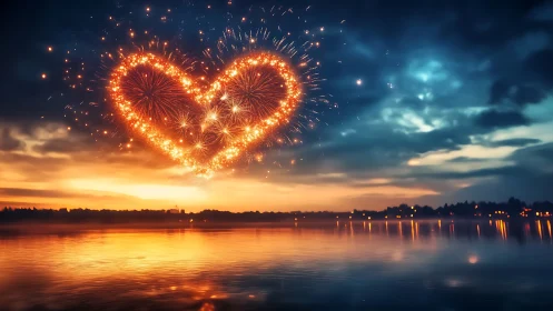 Heart-shaped pyrotechnic pattern forms above reflective lake