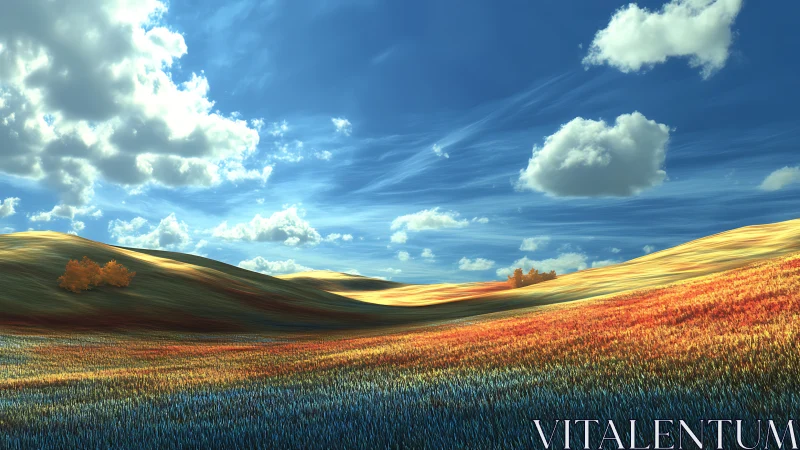 Radiant gradient hills under dynamic volumetric cloudscape.