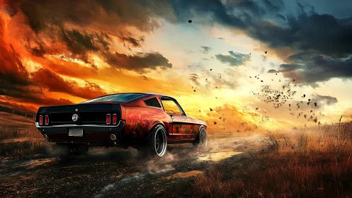 Muscle car racing into stormy sunset with dramatic skies.