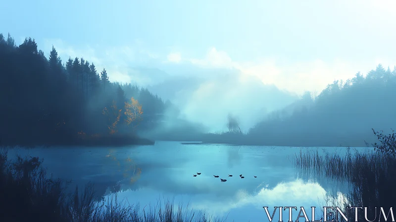 Foggy forest lake with waterfowl and soft blue light.