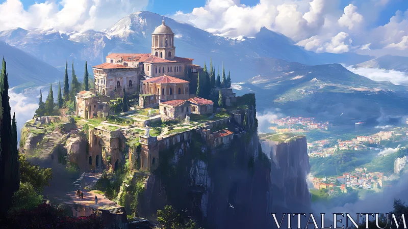 Clifftop monastery complex in panoramic digital painting style.