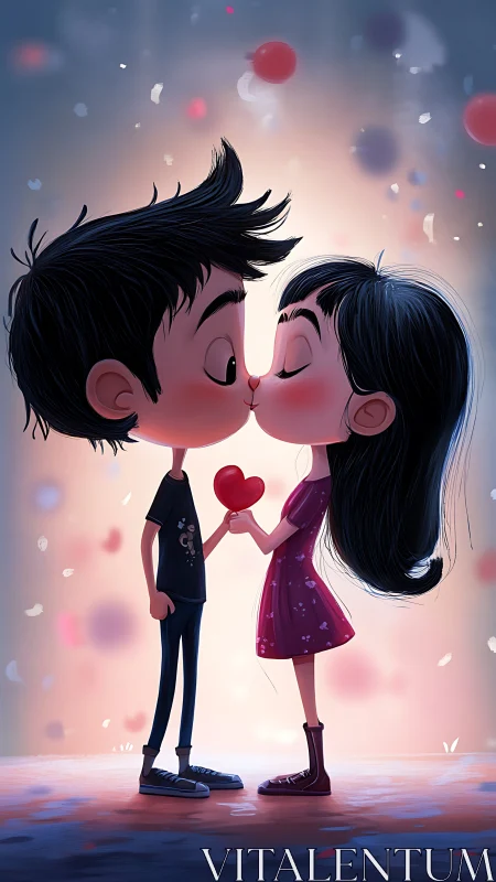 Boy and girl cartoon characters kissing with red heart