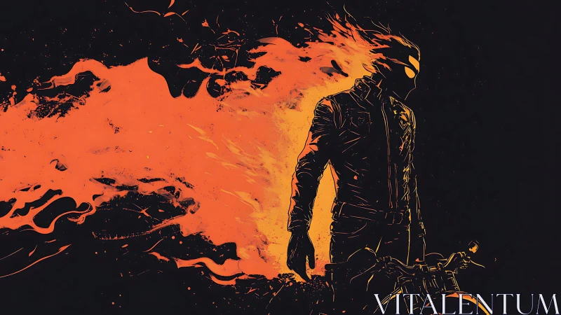 Flaming motorcyclist silhouette in bold orange and black art
