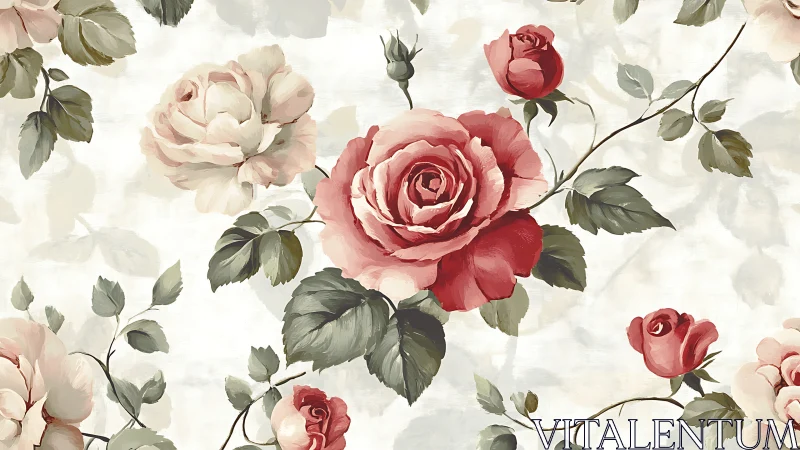 Garden Roses in Soft Watercolor: Pink and Red Blooms Against Cream