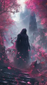Hooded dark figure in vibrant pink misty forest landscape.