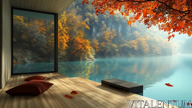 Lakeside autumn retreat with calm water and cozy deck view.
