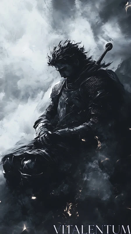 Armored warrior in chiaroscuro stormfield with embers adrift.