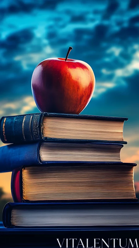 Crimson apple crowned on study books at sunset sky backdrop.