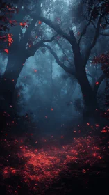 Enchanted crimson embers glow softly in a misty forest night