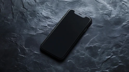 Black smartphone on textured slate surface. Minimalist tech product shot.