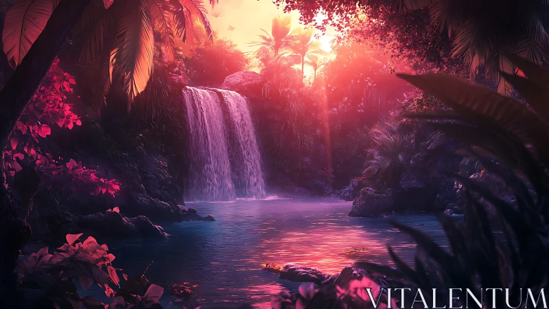 Luminous tropical waterfall lagoon under neon sunset glow.
