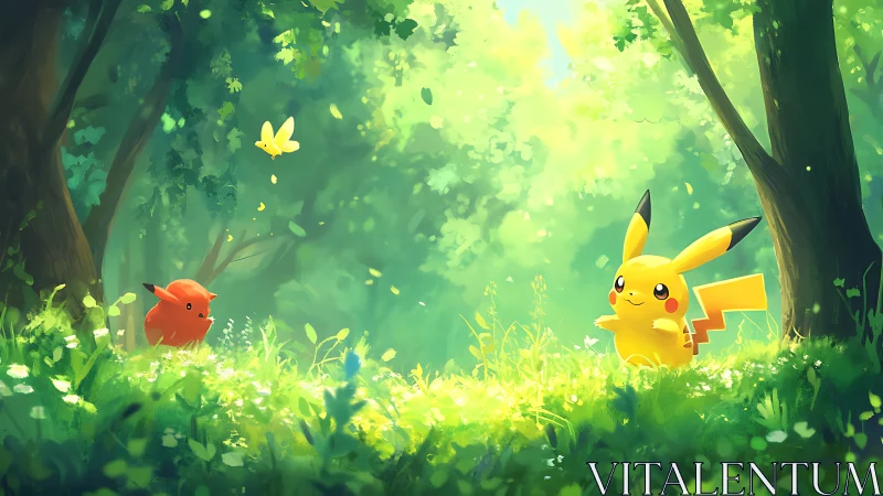 Forest Clearing: Luminous Digital Narrative with Pokemon Characters.
