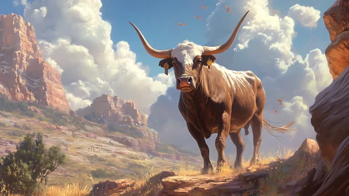Longhorn bovine rendered against monumental canyon cloudscape.