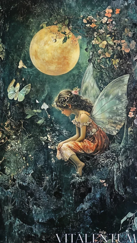 Moonlit forest fairy pauses in quiet, wistful contemplation