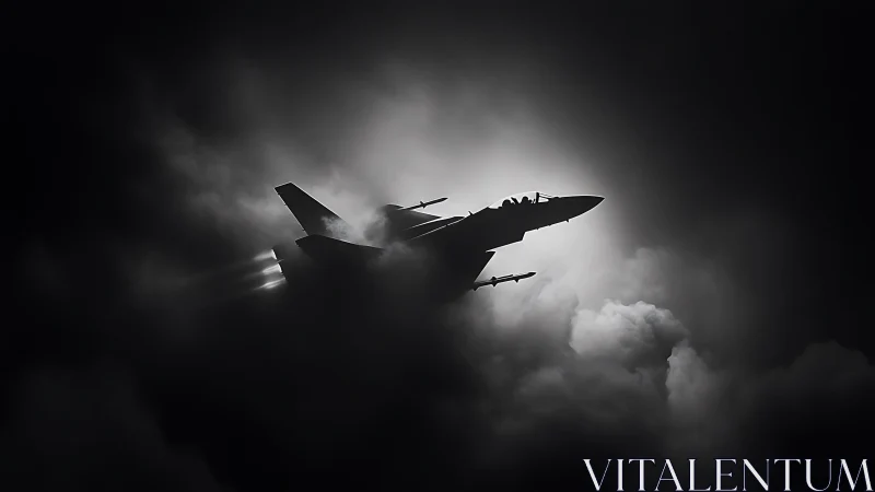 Jet fighter climbs through storm clouds with backlit silhouette