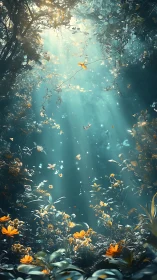 Volumetric light rays illuminate dense forest glade with drifting petals