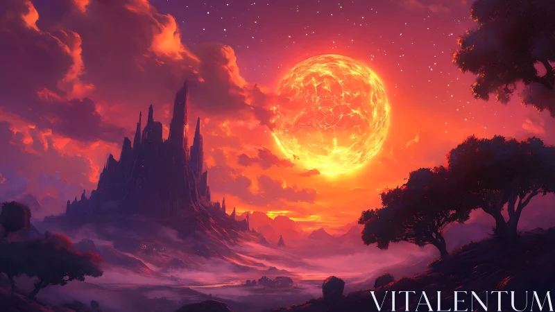 Radiant fantasy sunset over misty valley and dark spires.