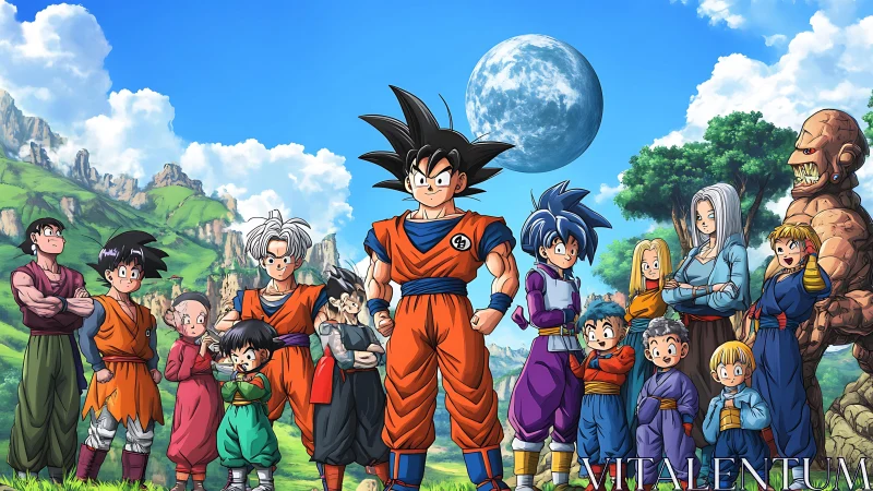 Group of Dragon Ball anime characters standing in landscape