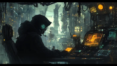 Midnight coder at a neon-drenched cyberpunk skyline desk.