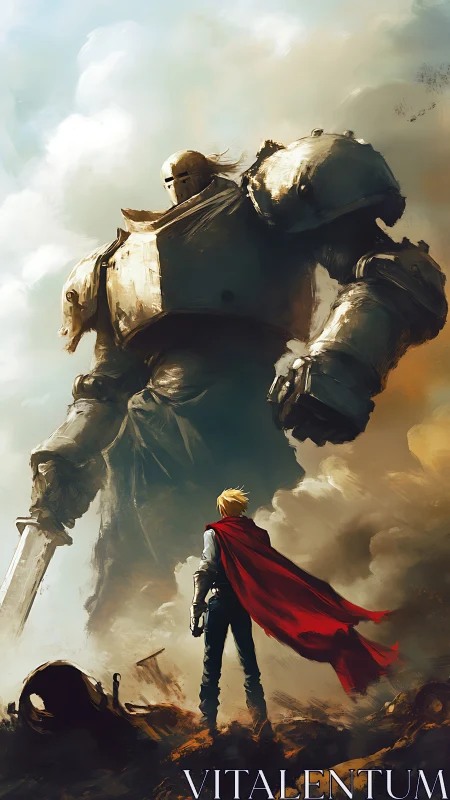 Young hero and gentle giant knight sharing a quiet standoff.