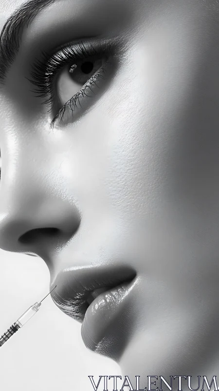 Calm close up portrait pausing before a careful lip injection.